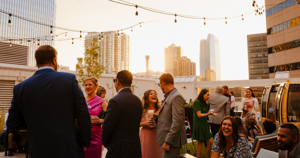 A stunning view from Rooftop1630 showcasing the downtown Denver skyline.
