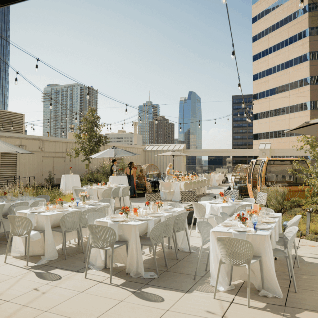 Modern rooftop wedding setup in Denver highlighting city views and intimate guest experience