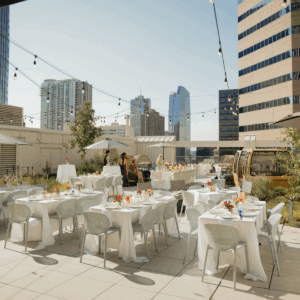 Modern rooftop wedding setup in Denver highlighting city views and intimate guest experience